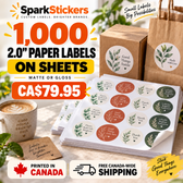 1000 custom 2-inch paper labels on sheets for CA$79.95 with matte or gloss finish and free Canada-wide shipping