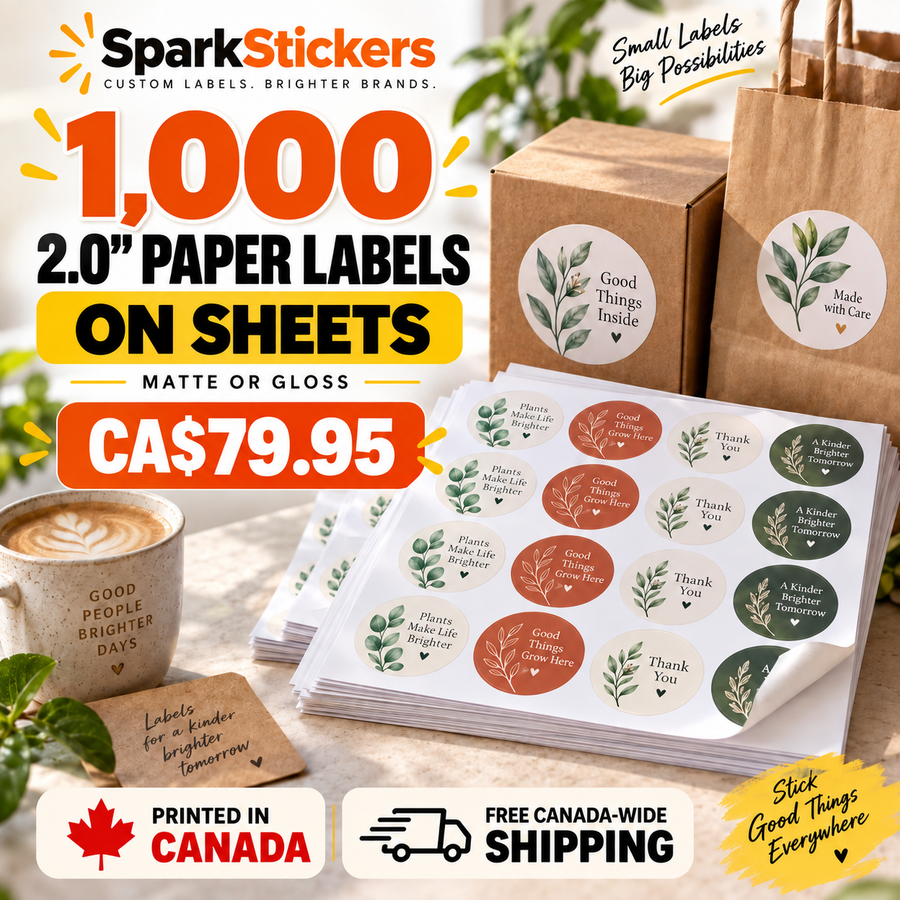 1000 custom 2-inch paper labels on sheets for CA$79.95 with matte or gloss finish and free Canada-wide shipping