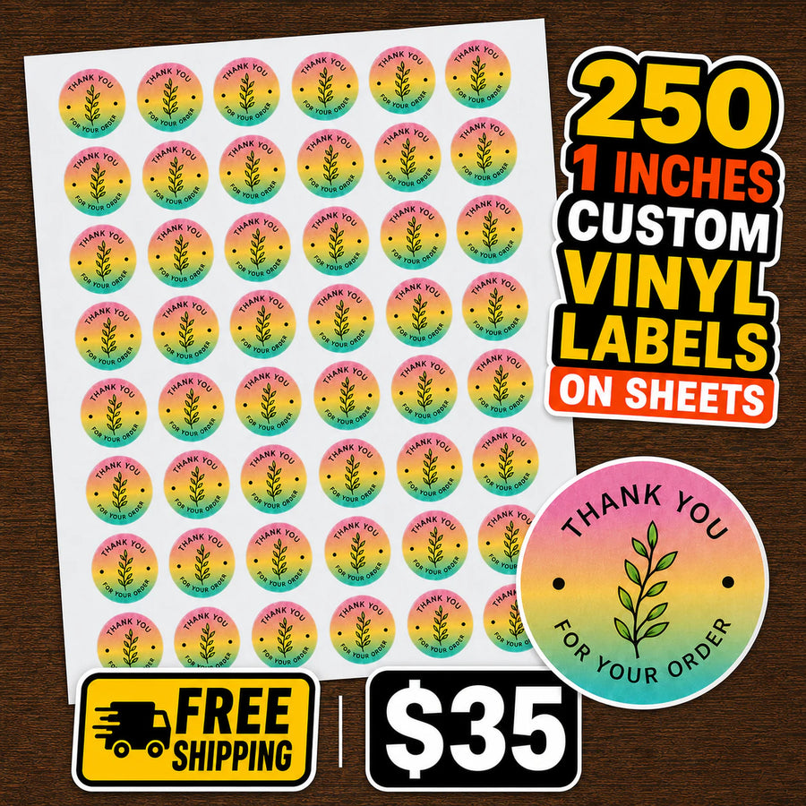 250 custom 1-inch vinyl labels on sheets deal with free shipping