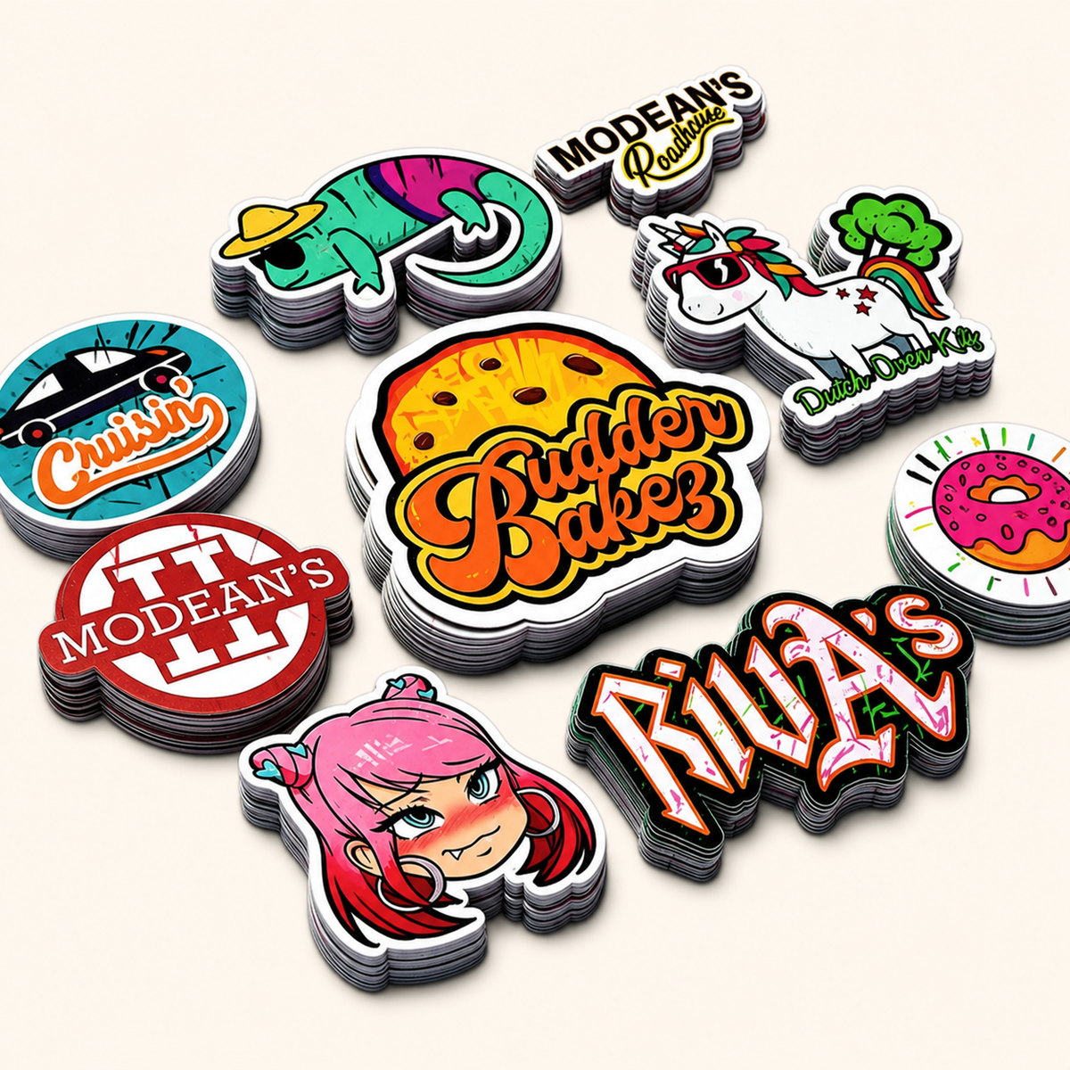 100 custom 3-inch vinyl stickers in colorful die-cut shapes