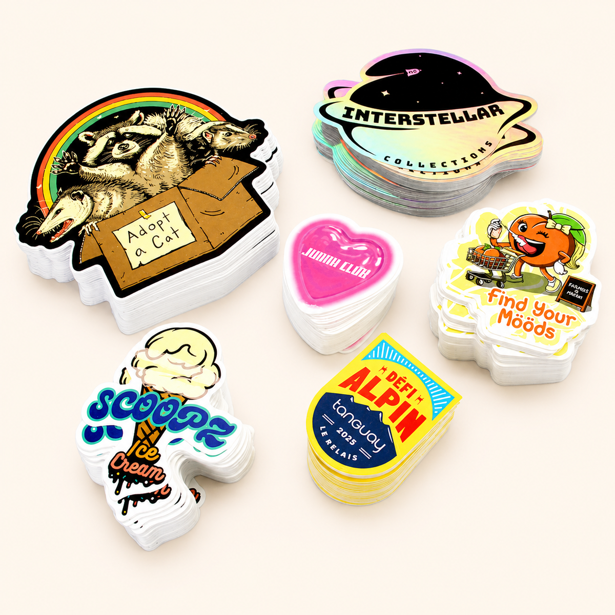 100 custom 3-inch vinyl stickers in bright illustrated designs