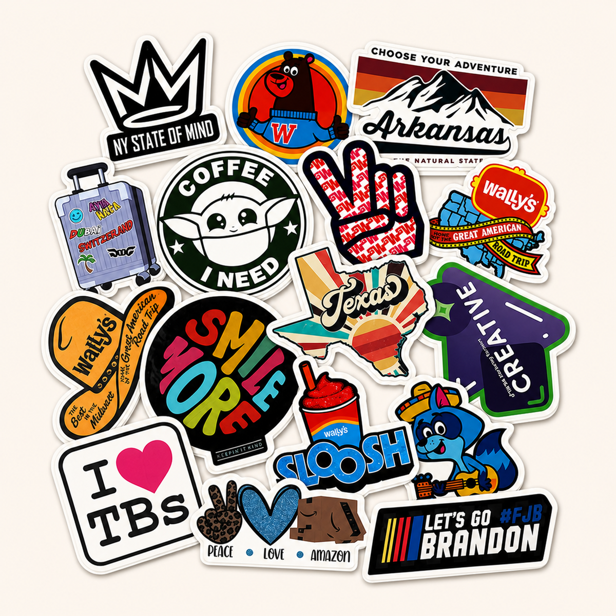 100 custom 3-inch vinyl stickers in branded shapes and lettering
