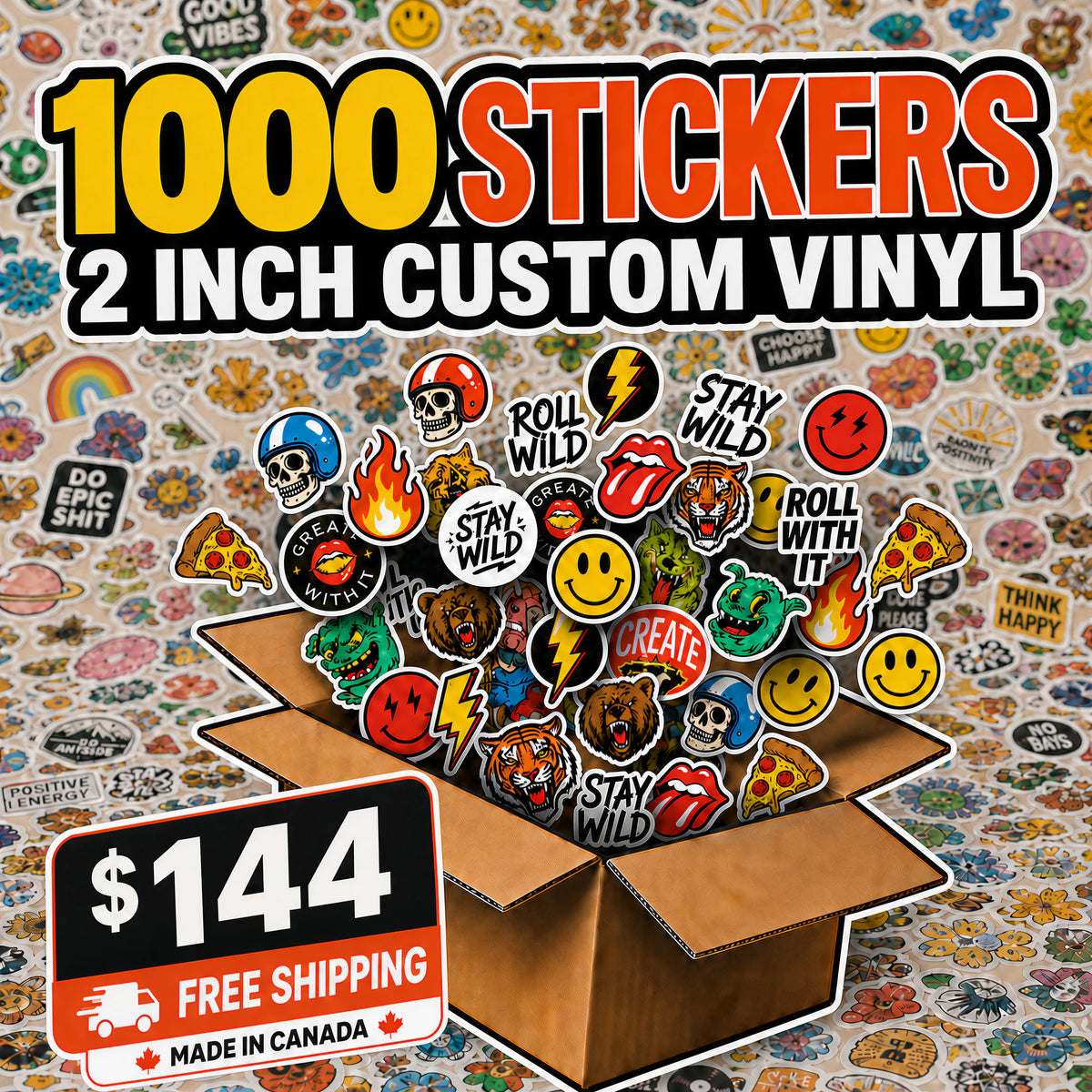 1,000 custom 2-inch vinyl stickers deal printed in Canada