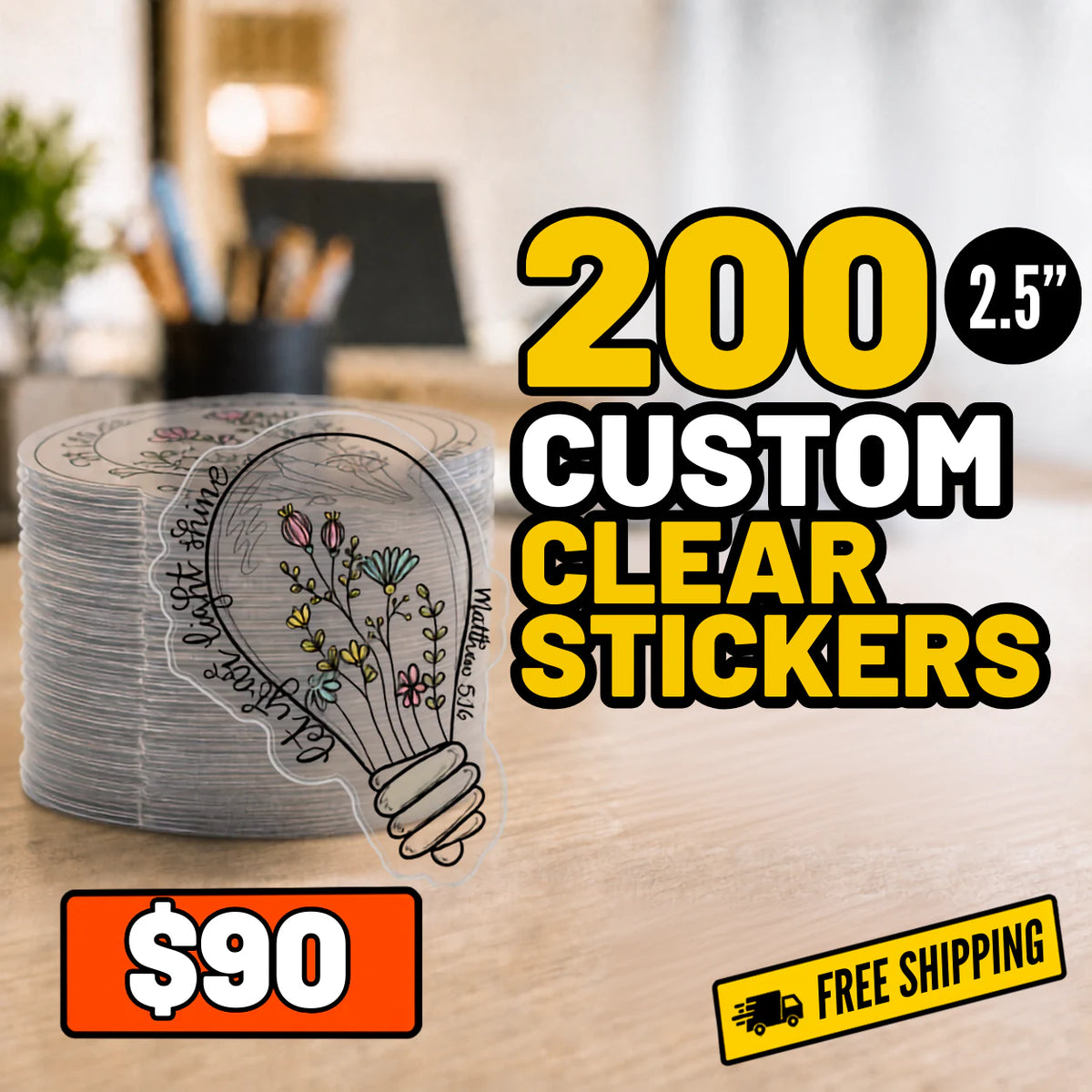 200 custom 2.5-inch clear stickers deal printed in Canada