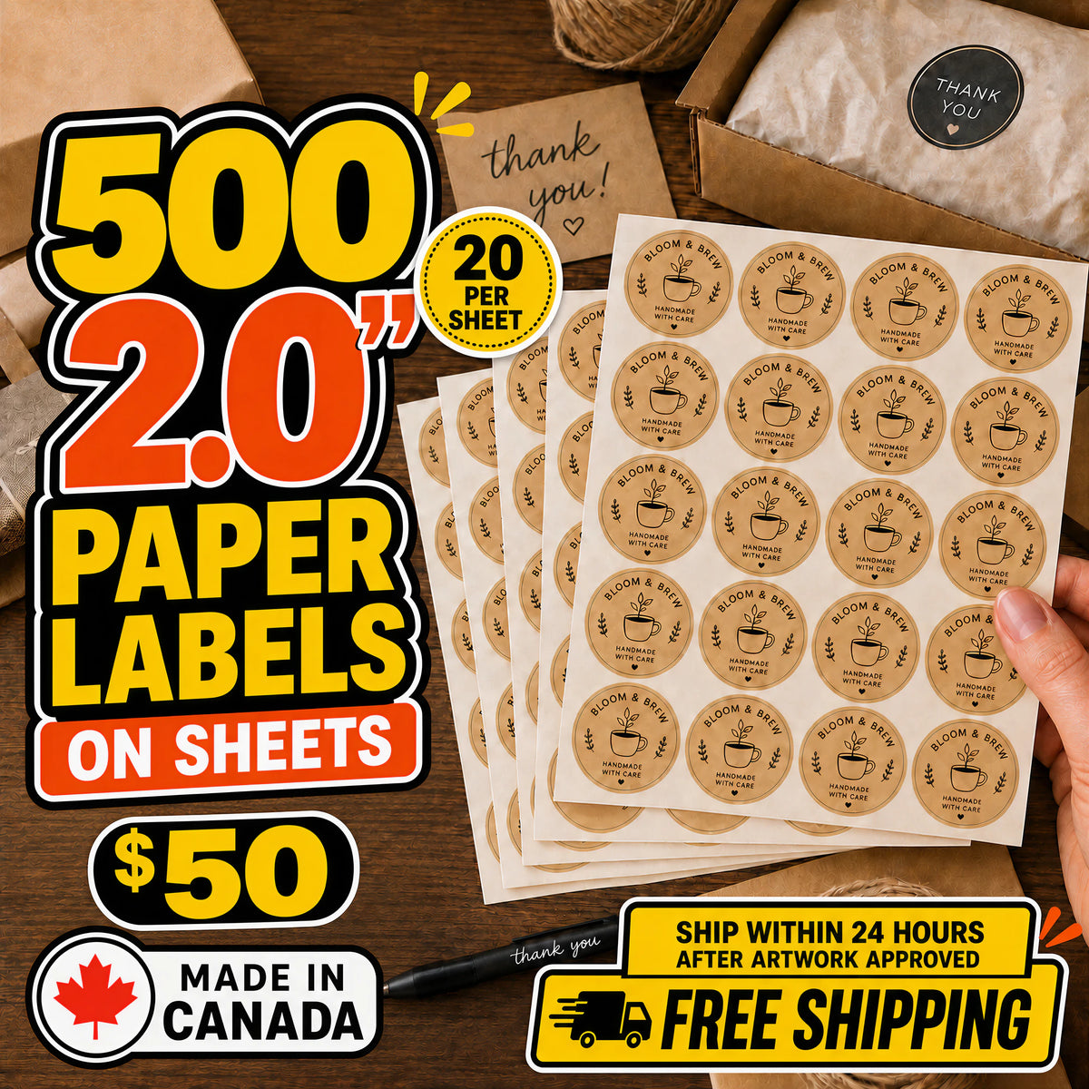 500 custom 2-inch paper labels on sheets deal printed in Canada