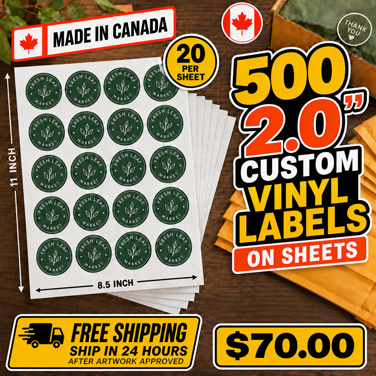500 custom 2-inch vinyl labels on sheets deal printed in Canada