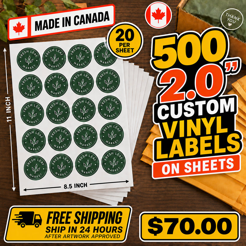 500 2.0" Custom Vinyl Labels on Sheets