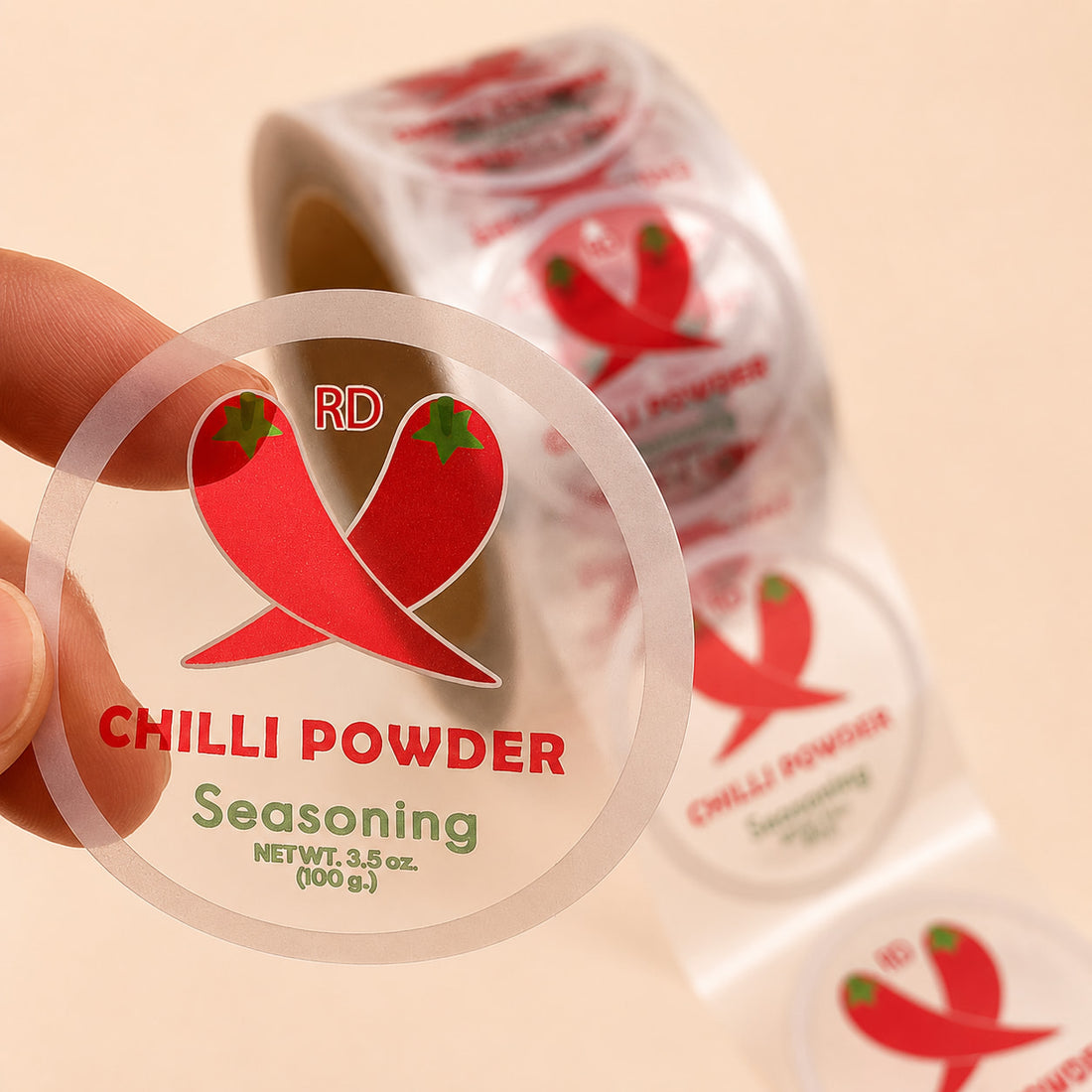 Transparent custom clear roll labels applied to bottles and product packaging