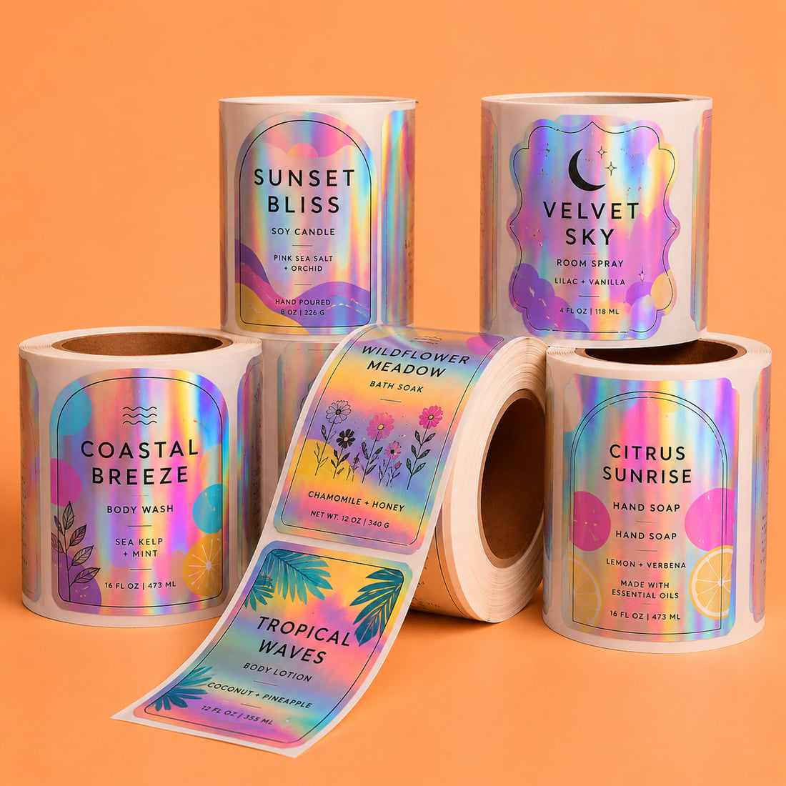 Colour-shifting custom holographic roll labels for eye-catching product packaging
