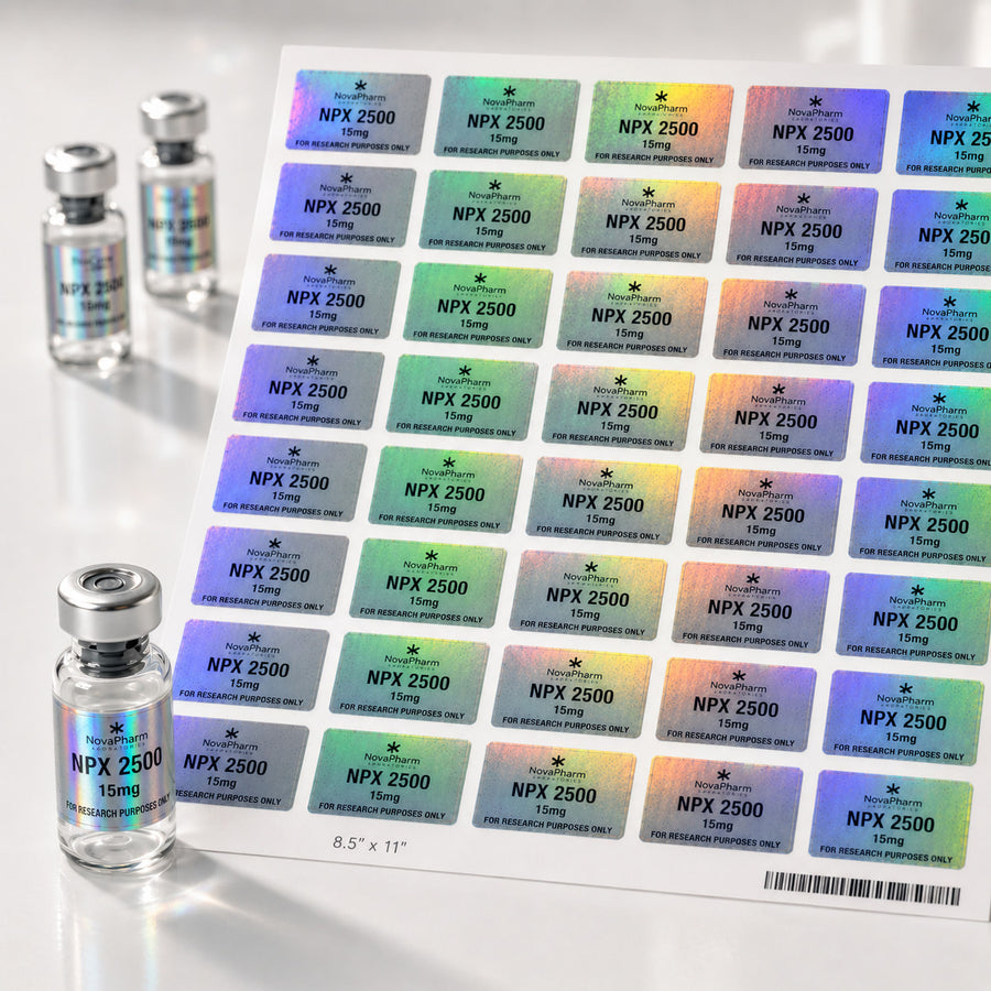 Custom holographic label sheets reflecting a rainbow finish on premium packaging