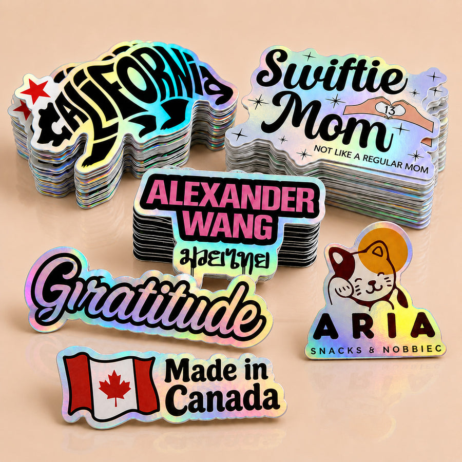 Custom holographic vinyl sticker reflecting a rainbow finish