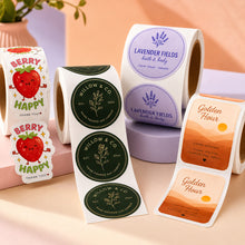 Custom roll labels on a dispenser for repeated product packaging