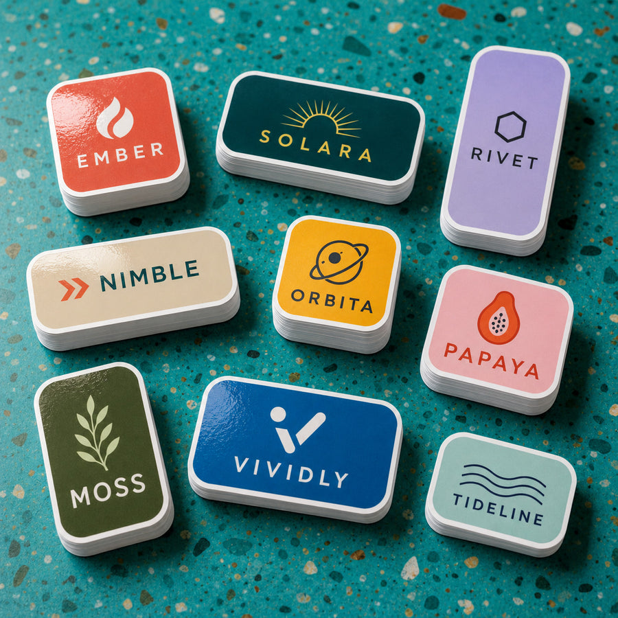 Custom rounded corner stickers applied to branded product packaging