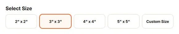 Die Cut Stickers configurator showing standard sticker sizes and the custom size choice.