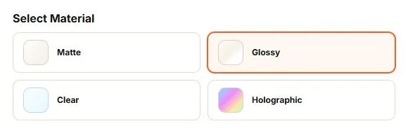 Die Cut Stickers configurator showing Matte, Glossy, Clear and Holographic materials.