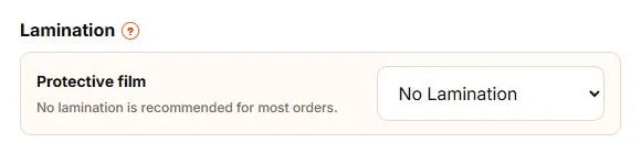 Die Cut Stickers configurator showing the optional protective lamination control.