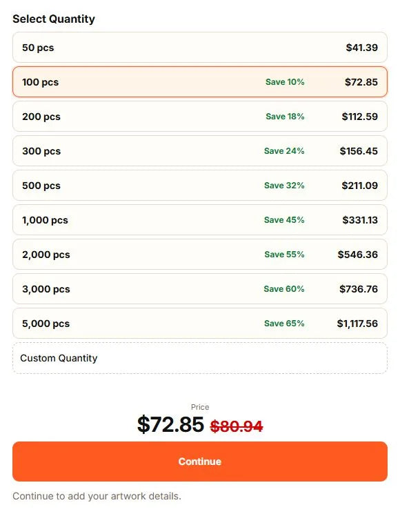 Die Cut Stickers configurator showing quantity choices, live price and Continue button.