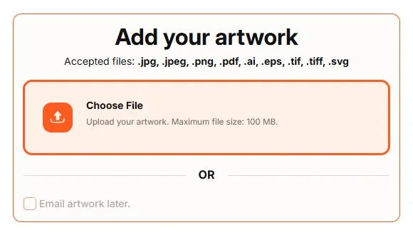Die Cut Stickers artwork step with the file upload option active and Email artwork later unchecked.