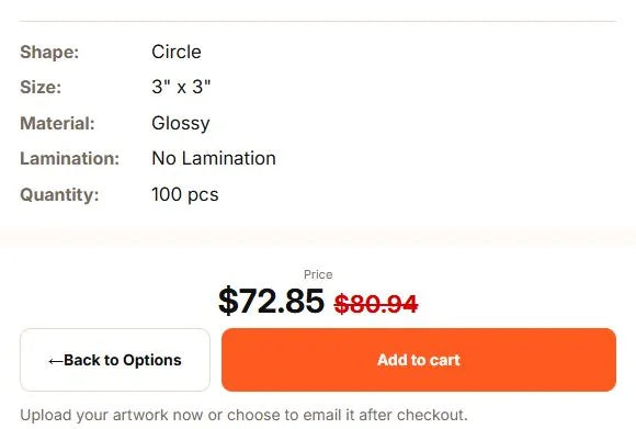 Die Cut Stickers order summary with selected options, price and Add to cart button.