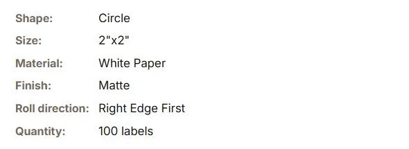 Roll label order summary showing the selected options.
