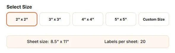 Label sheet size choices with sheet size and labels per sheet.