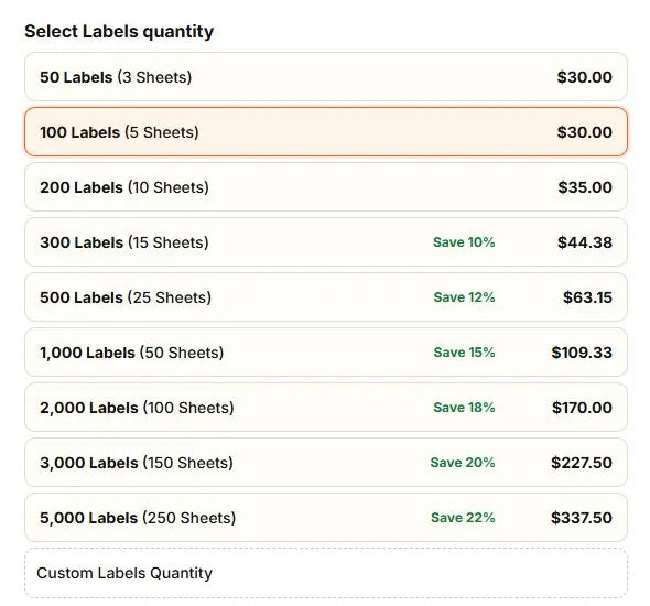 Label sheet quantity choices with 100 labels on 5 sheets selected.