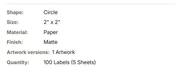Label sheet order summary showing artwork versions and quantity.